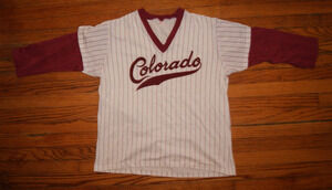 Vtg 80s Mens L COLORADO Script White Maroon Pinstripe 3/4 Sleeve Jersey Shirt US